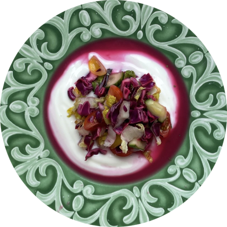 Beetroot yogurt salad on green plate