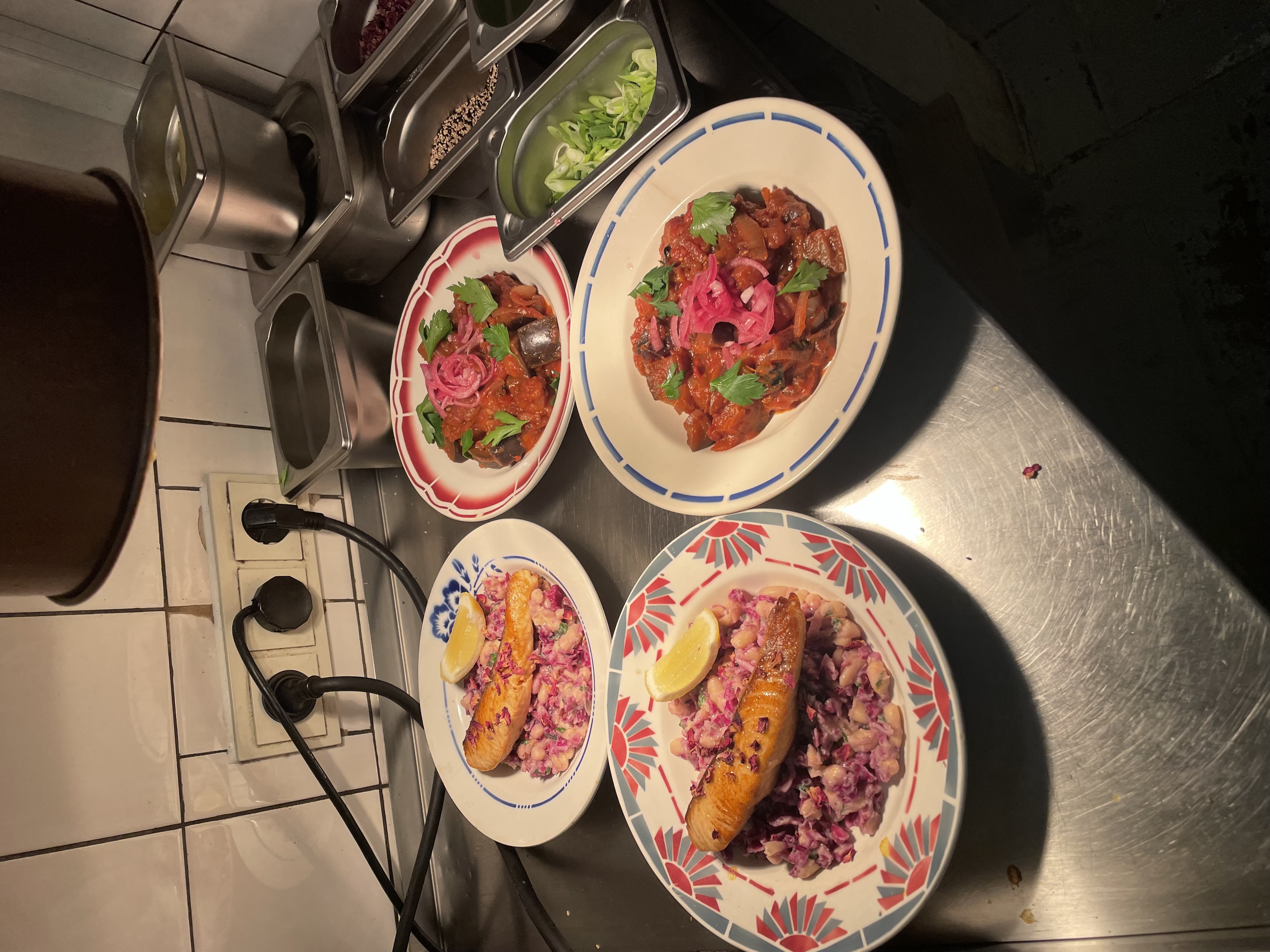 Salmon, white beans, eggplant ragout