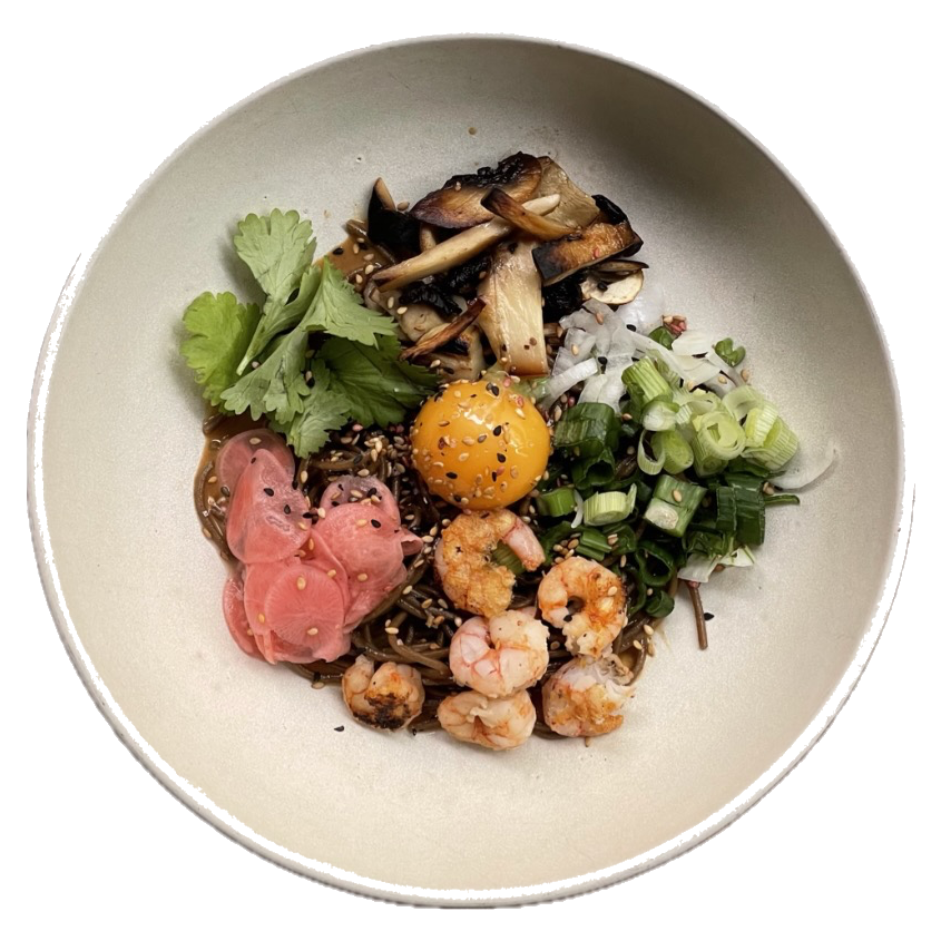 Soba bowl with prawns, cured yolk and scallions